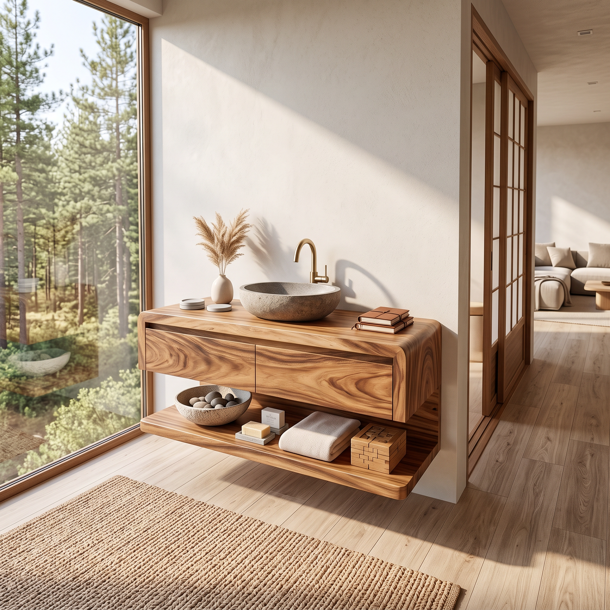 Floating Bathroom Vanity with Seamless Curved Frame