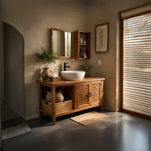 Solid-Wood Bathroom Vanity with Lattice Doors for Japandi Bathrooms