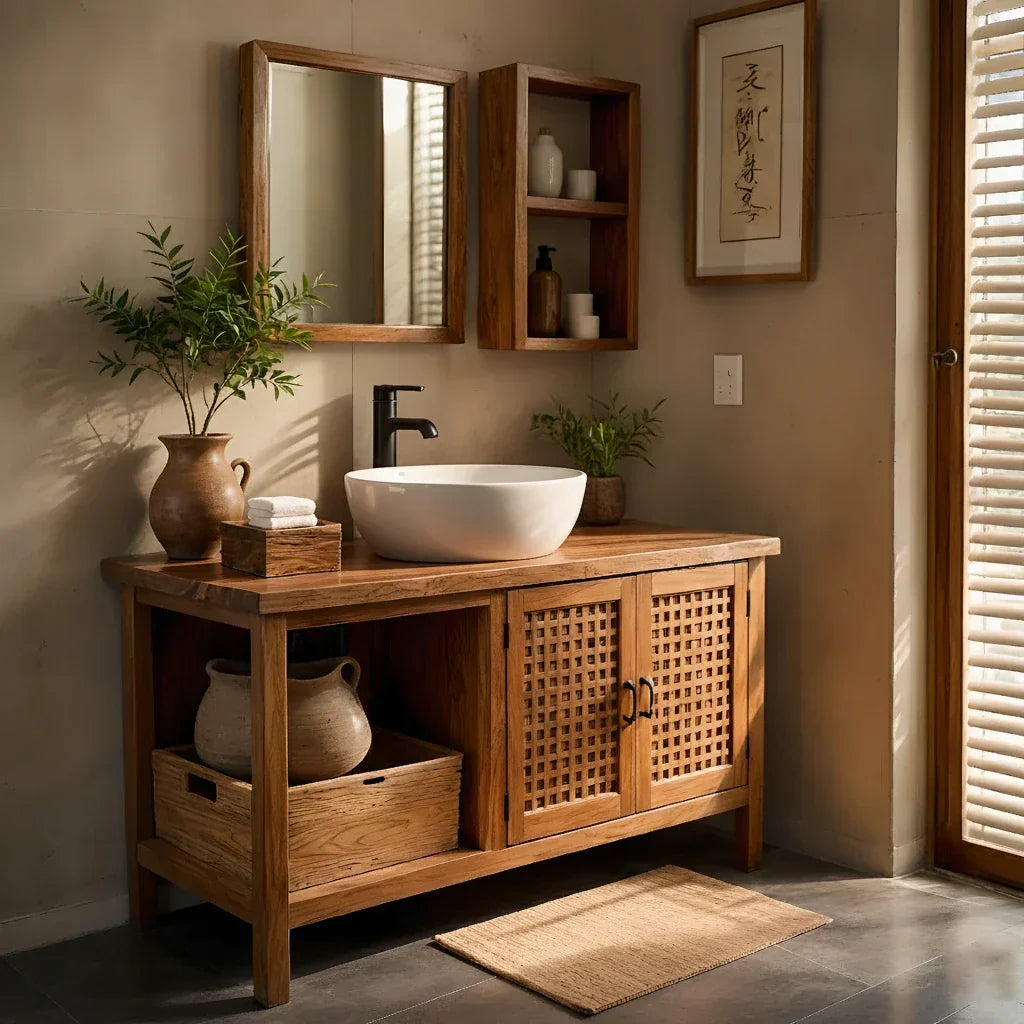 Solid-Wood Bathroom Vanity with Lattice Doors for Japandi Bathrooms