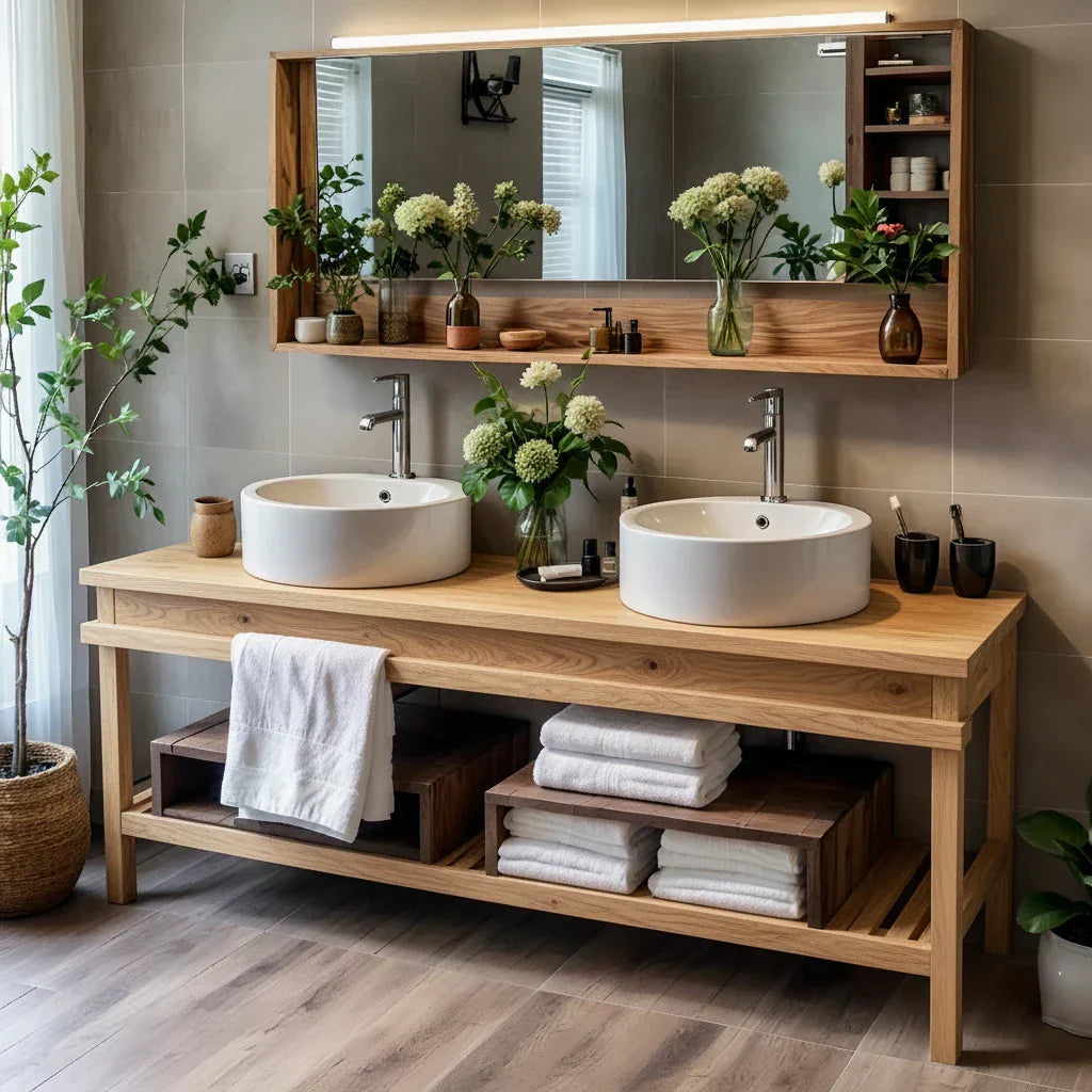 Solid Wood Bathroom Vanity with Open Shelf Storage