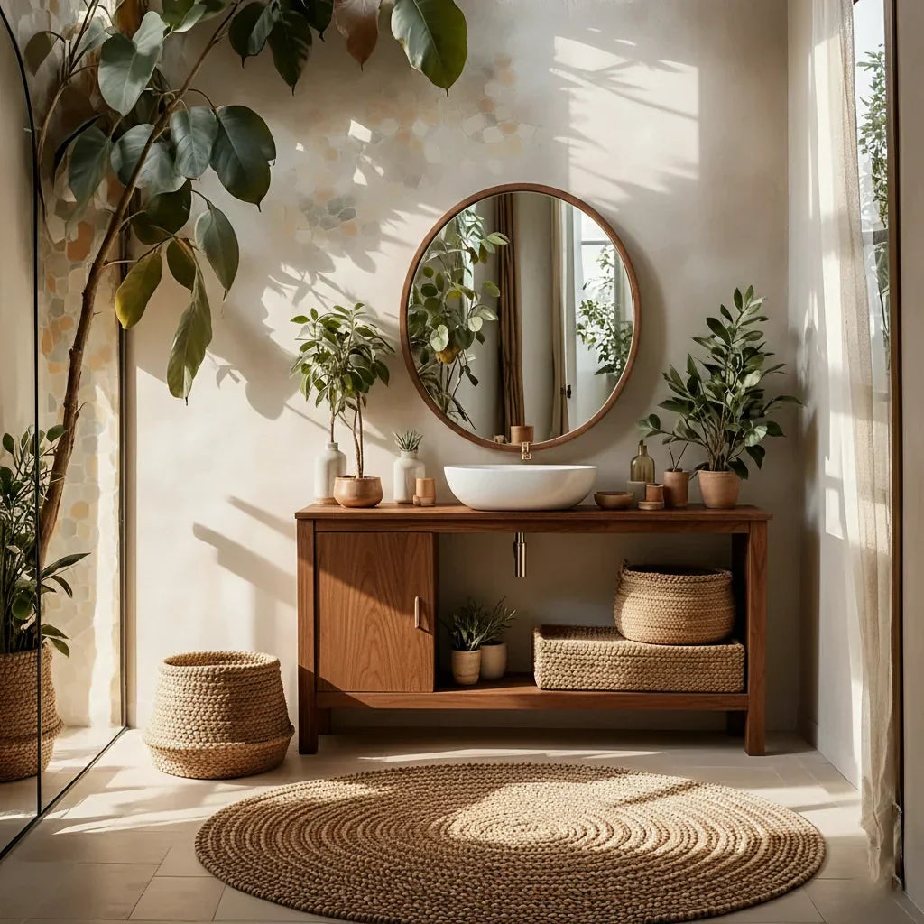 Minimal Solid Wood Bathroom Vanity with Sliding Door and Open Shelf