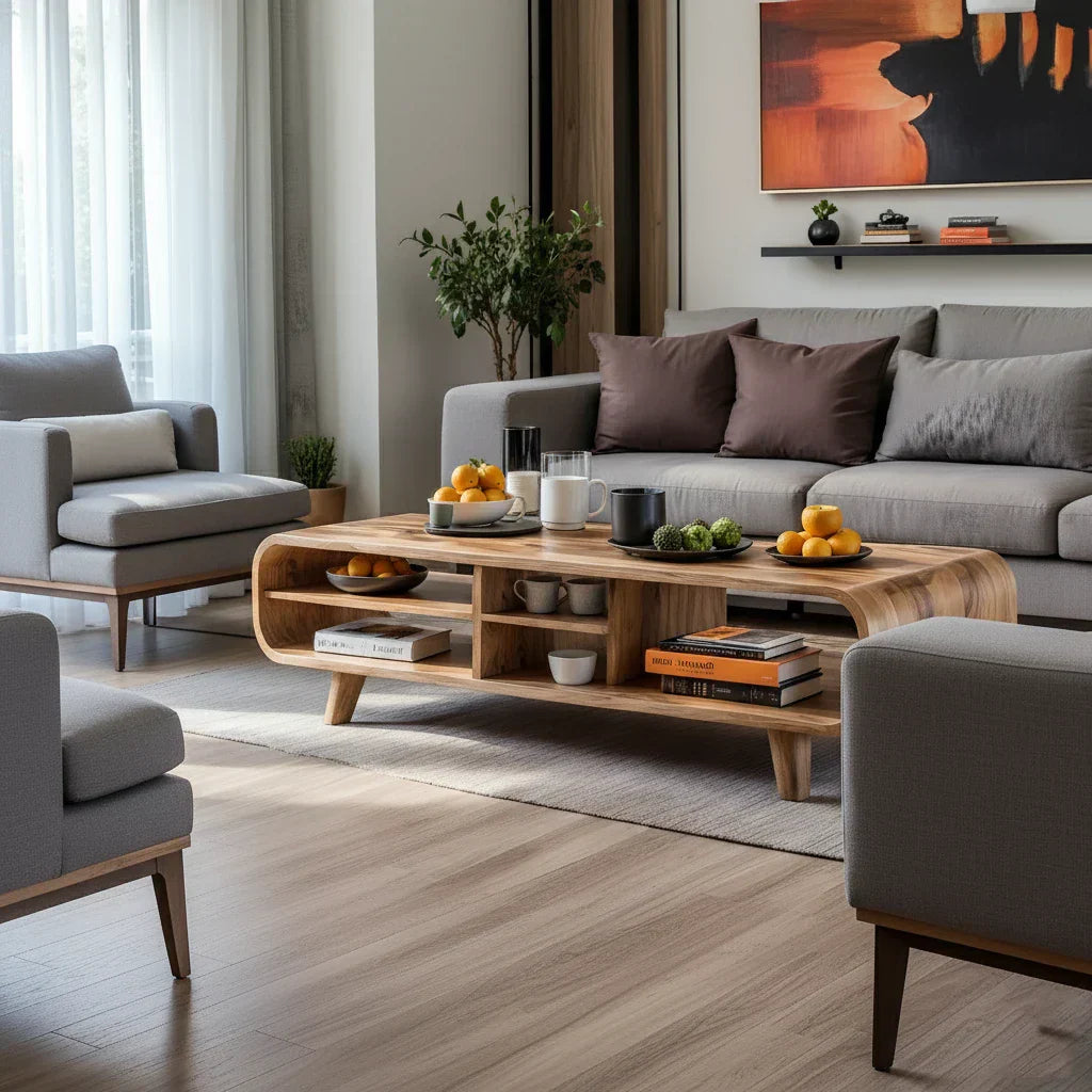 Solid Wood Curved Coffee Table with Storage for Living Rooms