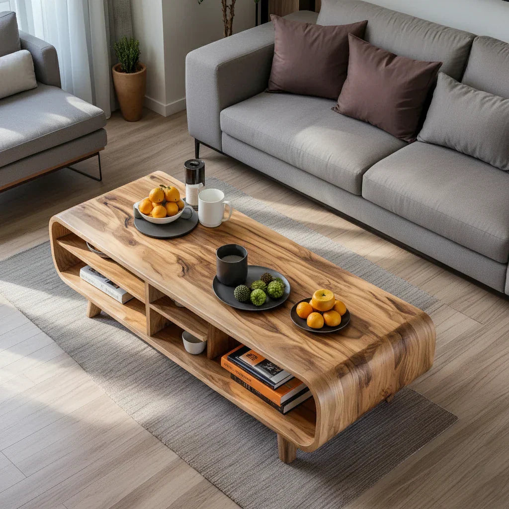 Solid Wood Curved Coffee Table with Storage for Living Rooms