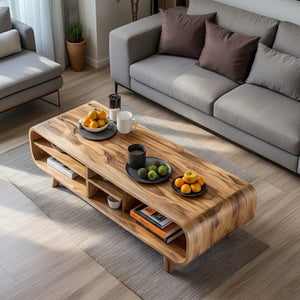 Solid Wood Curved Coffee Table with Storage for Living Rooms
