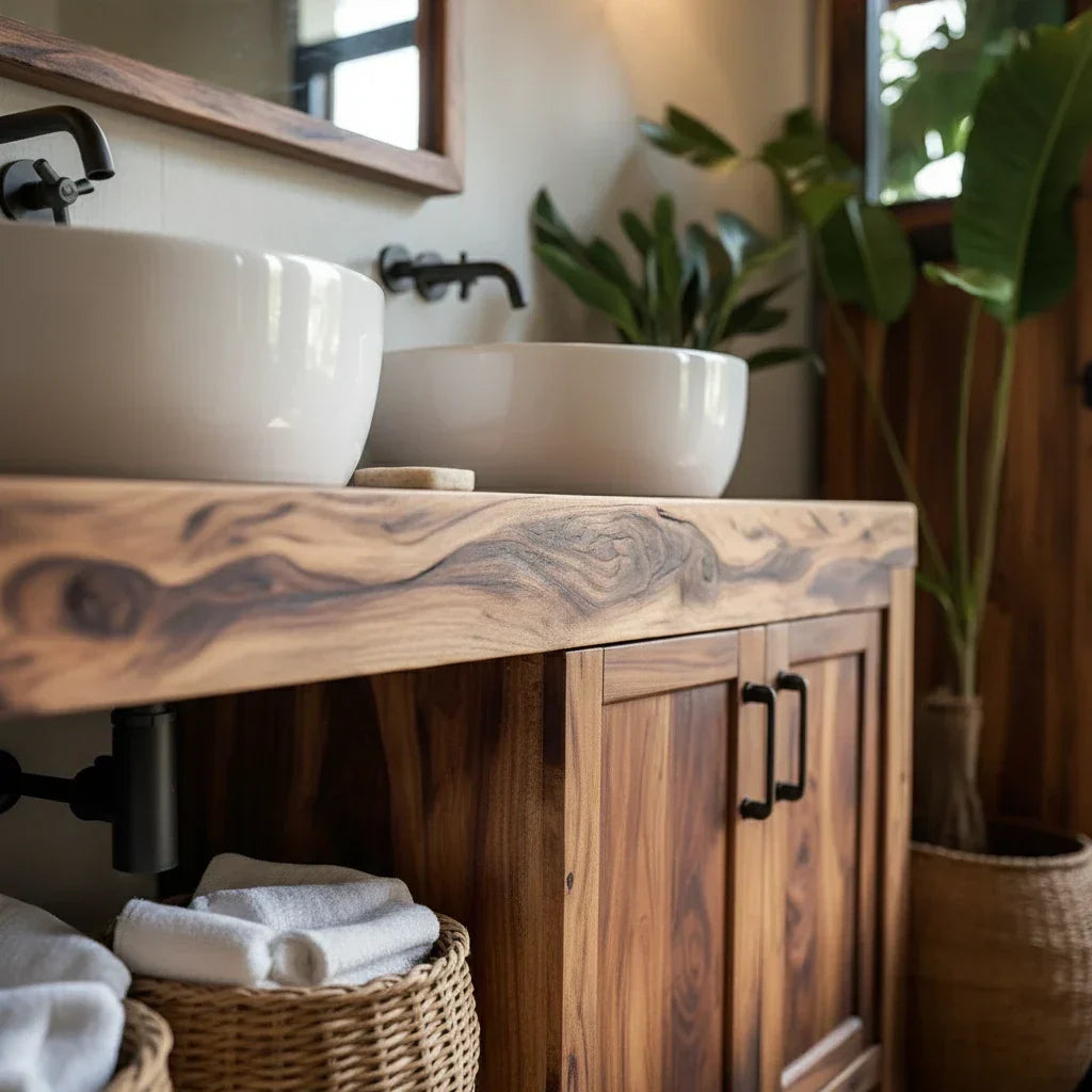 Natural Wood Double Vanity for Island Retreat Bathrooms