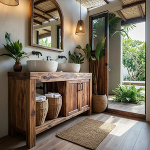 Natural Wood Double Vanity for Island Retreat Bathrooms