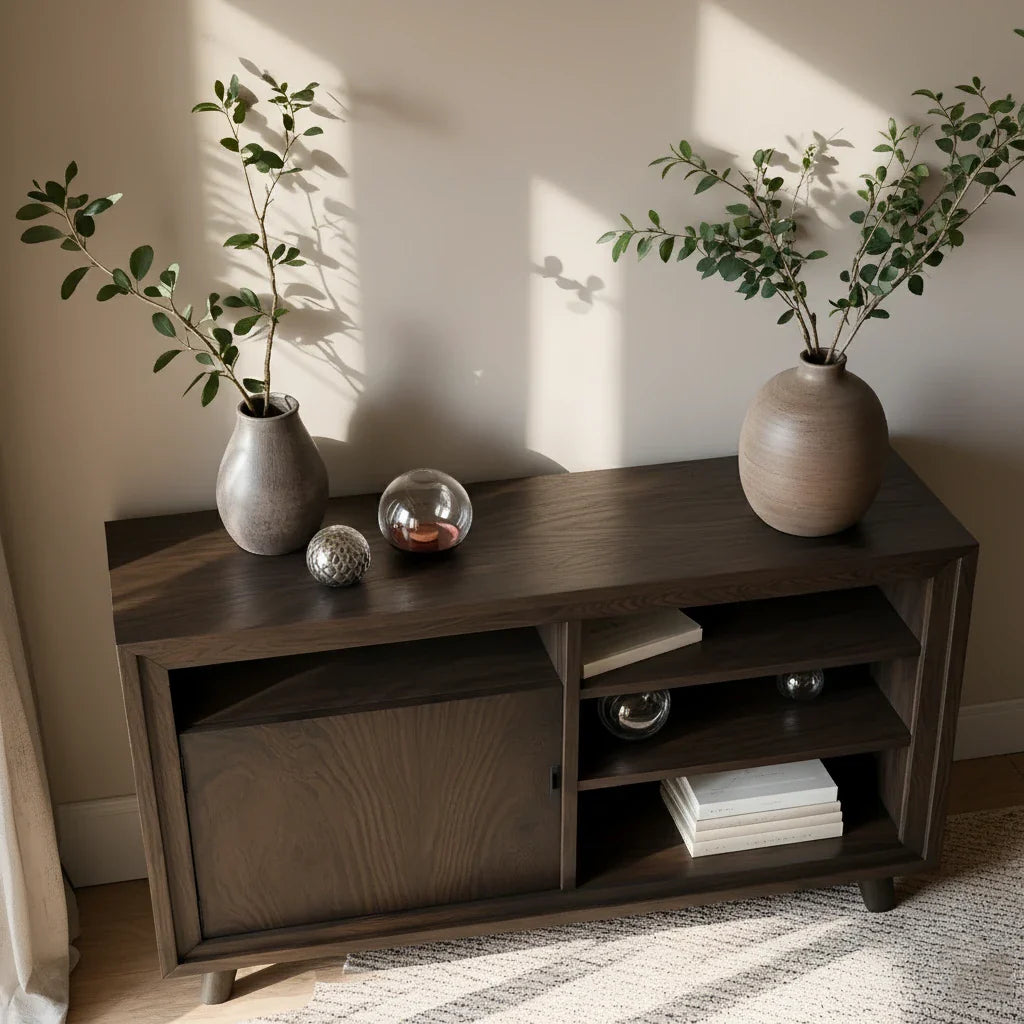 Dark Solid Wood Sideboard with Open Shelving for Modern Interiors