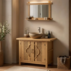 Natural Wood Bathroom Vanity with Woven Doors for Zen-Inspired Bathrooms