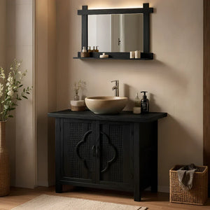 Natural Wood Bathroom Vanity with Woven Doors for Zen-Inspired Bathrooms