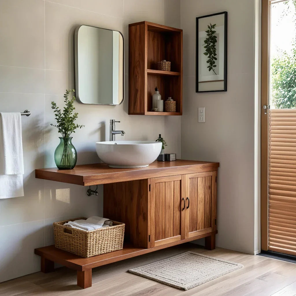 Organic Solid Wood Vanity with Extended Counter for a Calm Bathroom
