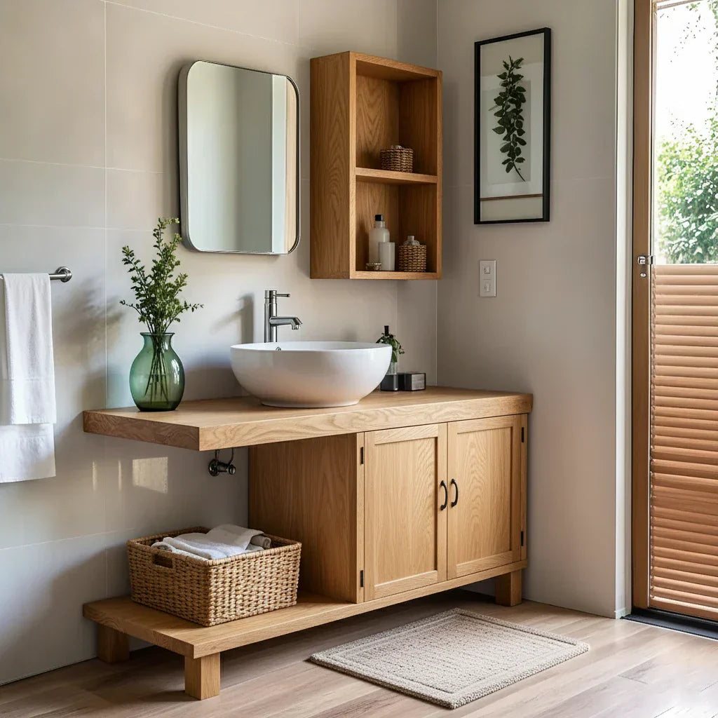 Organic Solid Wood Vanity with Extended Counter for a Calm Bathroom