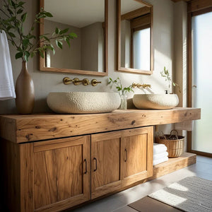 Double Solid Wood Bathroom Vanity with Cabinet and Open Shelf
