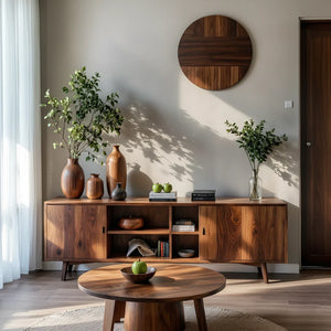 Solid Wood Sideboard Cabinet with Open Shelving for Organic Modern Homes