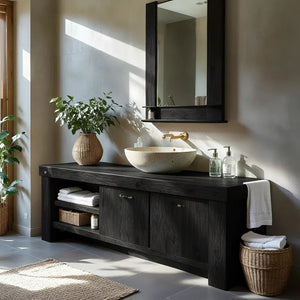 Wood Bathroom Vanity with Open Shelf Storage