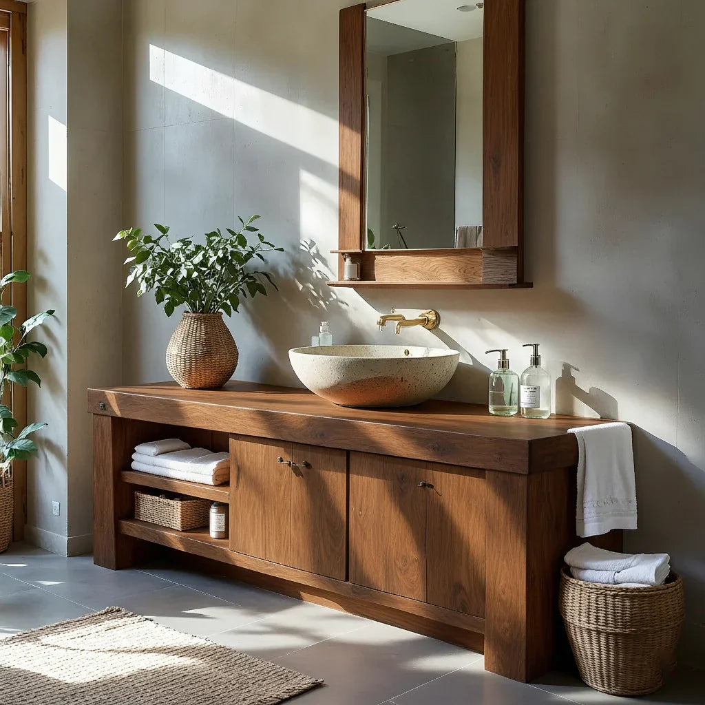 Wood Bathroom Vanity with Open Shelf Storage