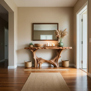 Modern Organic Live Edge Console Table with Sculpted Solid Wood Base