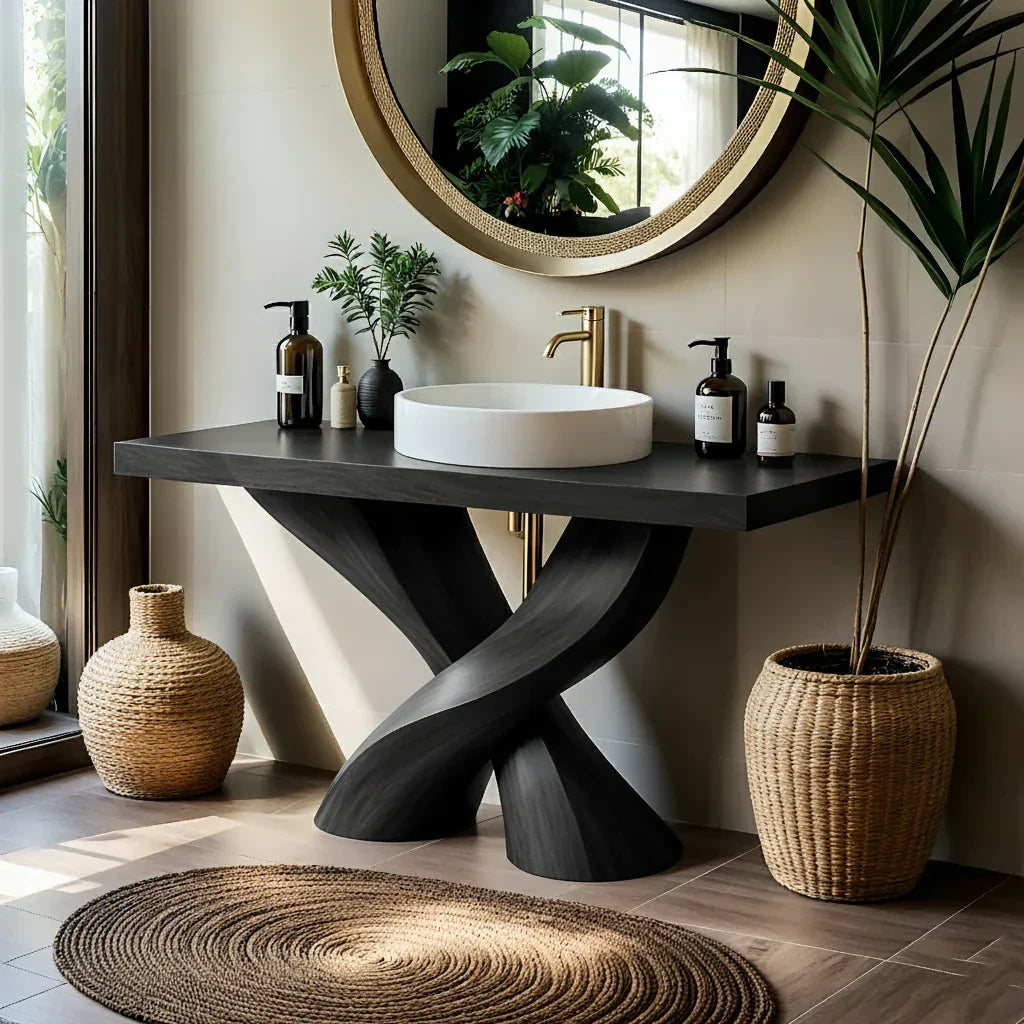 Sculptural Solid Wood Bathroom Vanity with Twisted Base