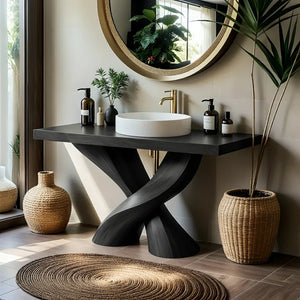 Sculptural Solid Wood Bathroom Vanity with Twisted Base
