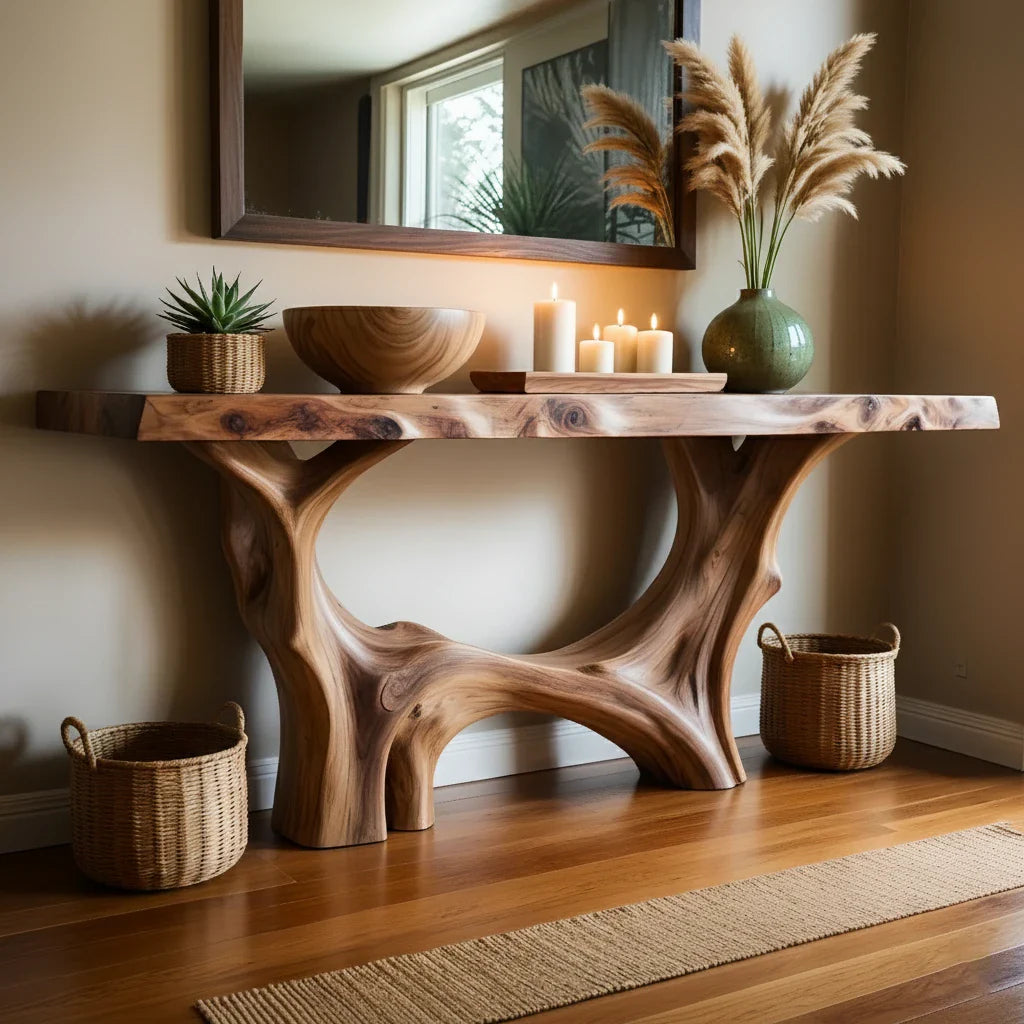 Modern Organic Live Edge Console Table with Sculpted Solid Wood Base