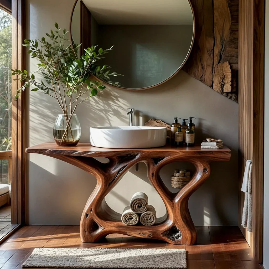Live Edge Wood Bathroom Vanity with Root-Style Base