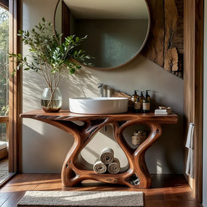 Live Edge Wood Bathroom Vanity with Root-Style Base