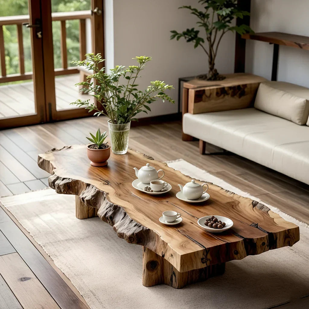 Live Edge Solid Wood Coffee Table for Zen Living Room