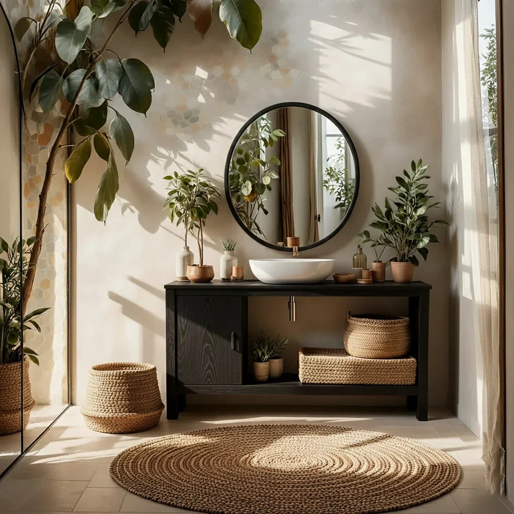 Minimal Solid Wood Bathroom Vanity with Sliding Door and Open Shelf