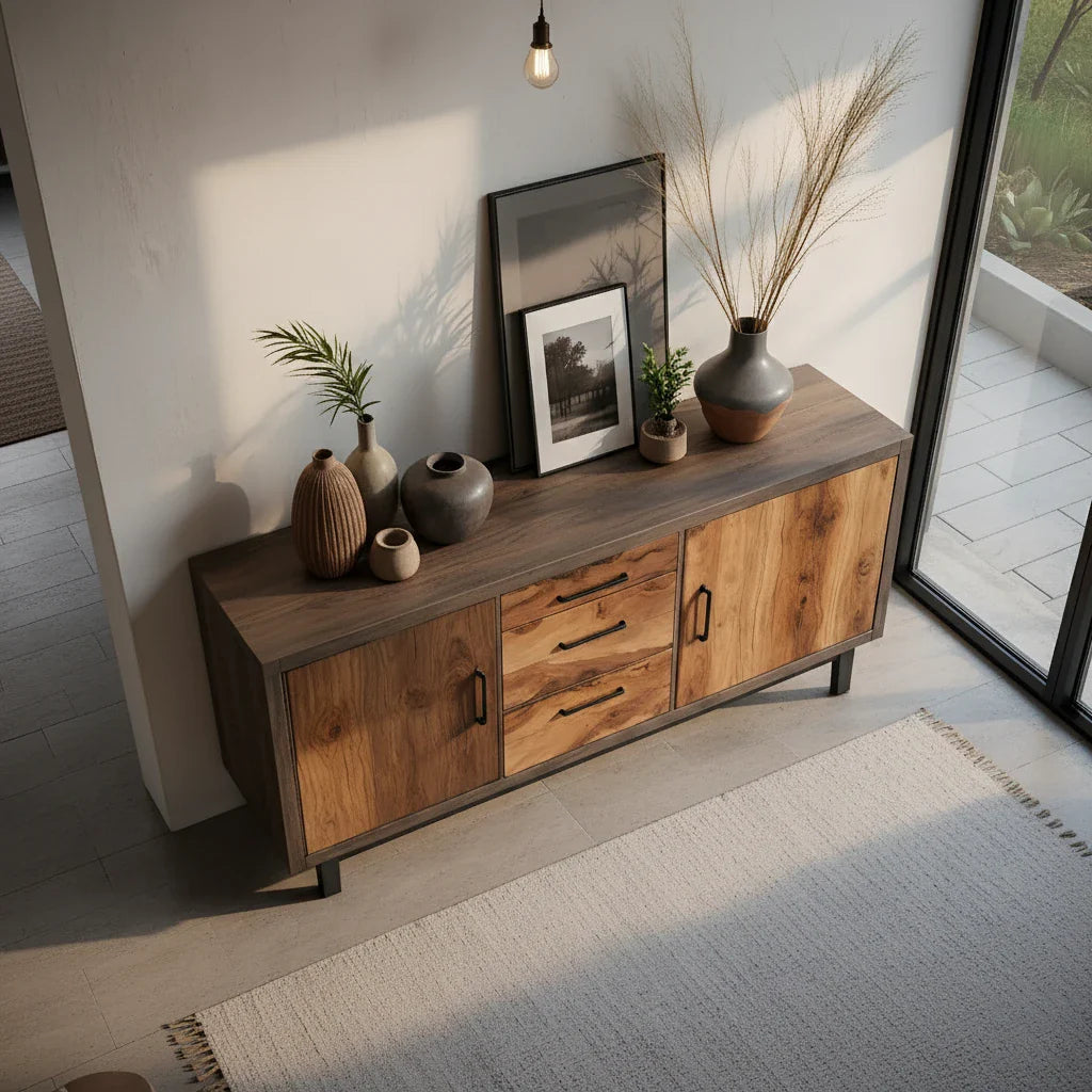Solid Wood Storage Cabinet with Mixed Drawers and Modern Rustic Style