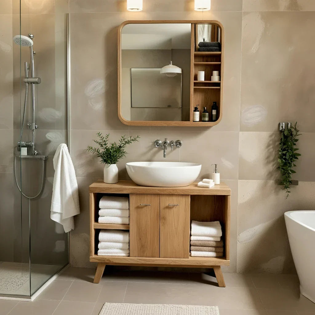 Solid-Wood Bathroom Vanity with Open Towel Storage