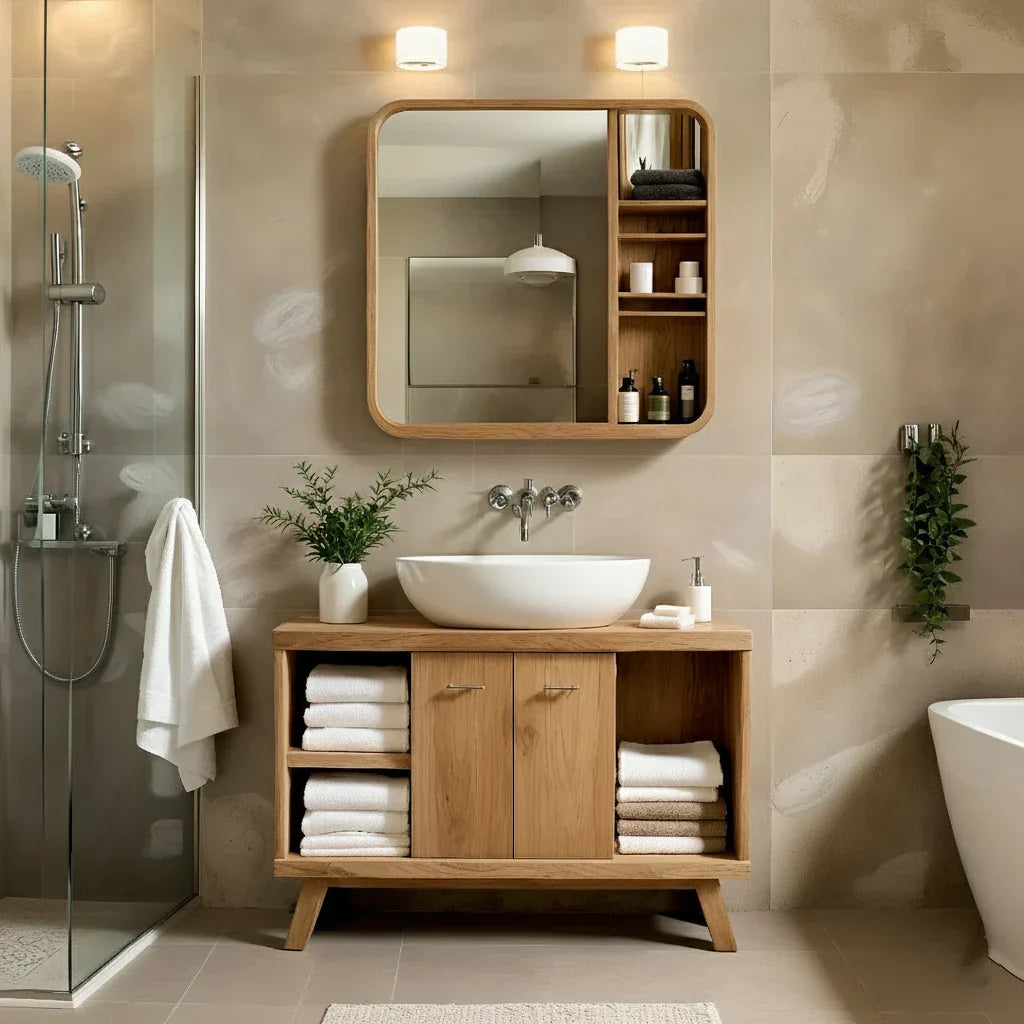 Solid-Wood Bathroom Vanity with Open Towel Storage
