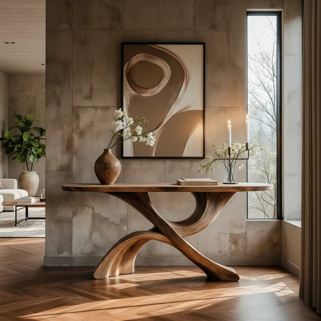 Contemporary Sculptural Solid Wood Console Table with Curved Arch Base