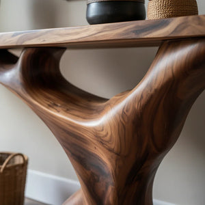 Sculptural Solid Wood Console Table with Organic Pedestal Base