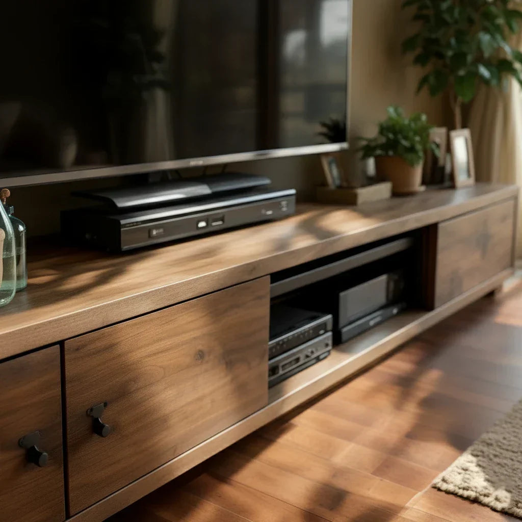 Wood TV Stand with Mixed Storage for Organic Modern Living