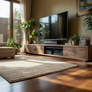 Wood TV Stand with Mixed Storage for Organic Modern Living