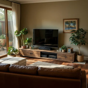 Wood TV Stand with Mixed Storage for Organic Modern Living