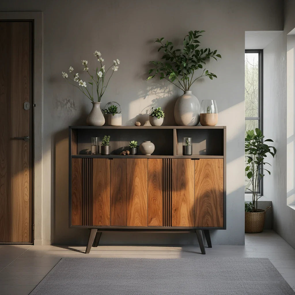 Solid Wood Sideboard Cabinet with Slatted Doors and Modern Storage