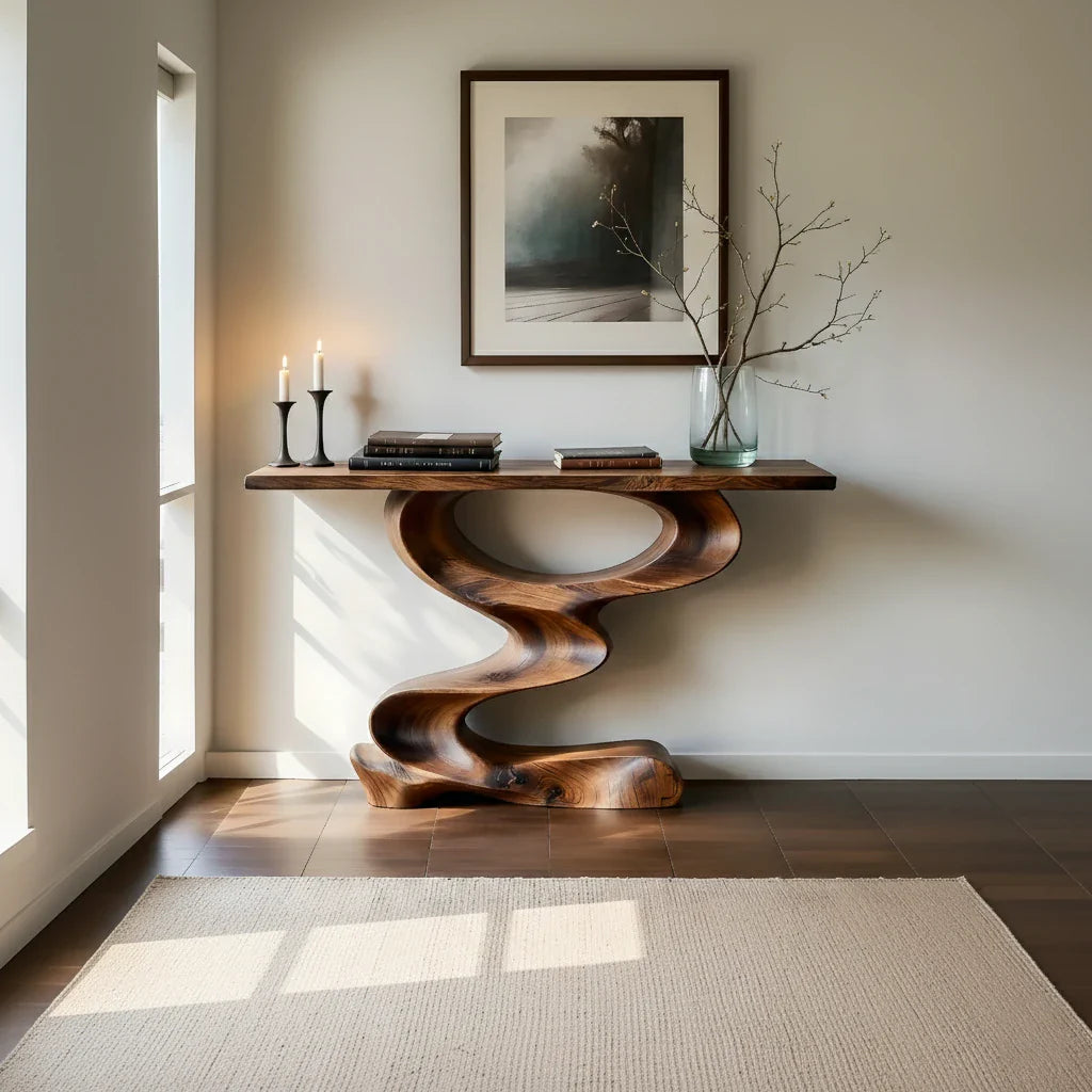 Organic Curved Solid Wood Console Table with Sculptural Z Base