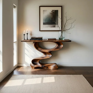 Organic Curved Solid Wood Console Table with Sculptural Z Base