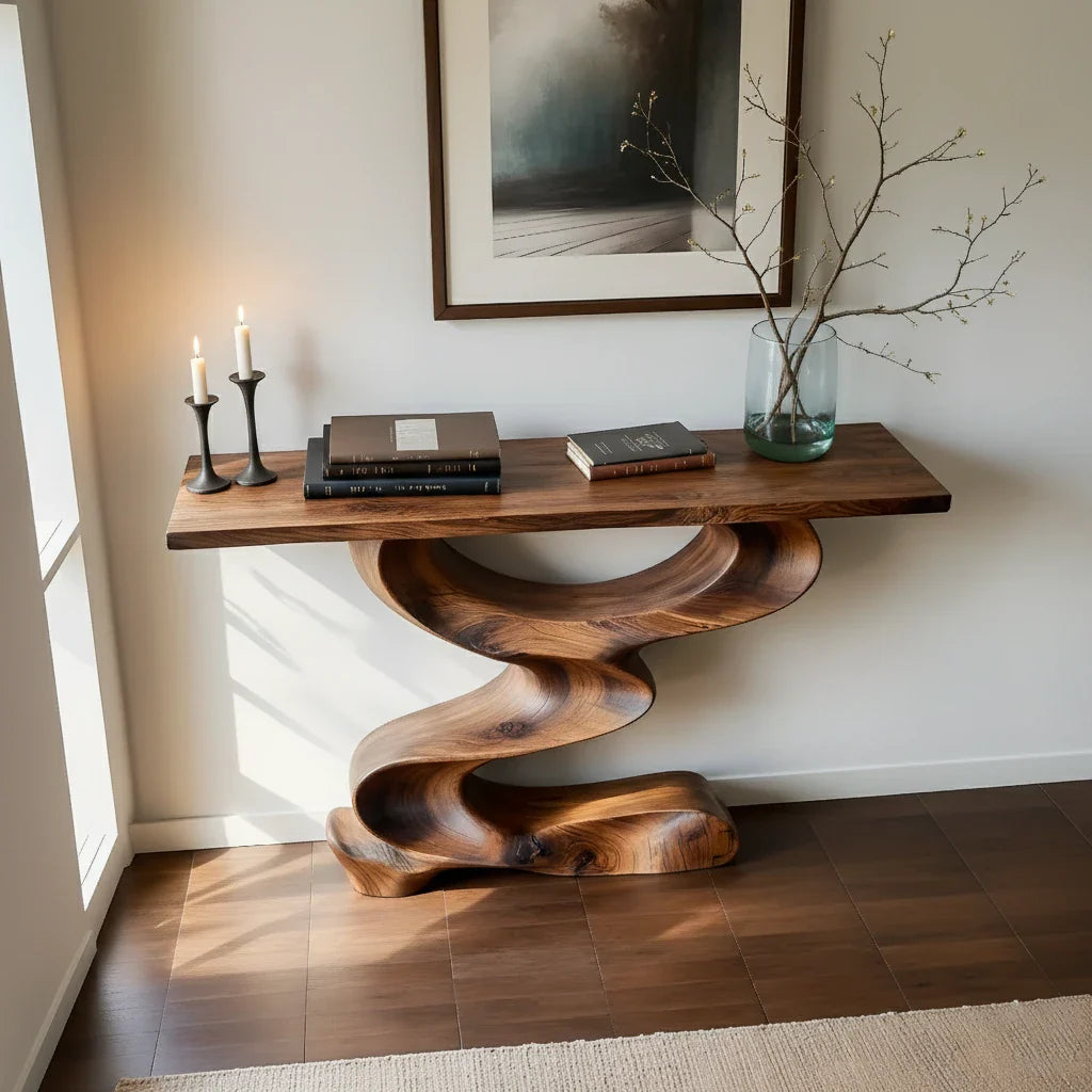 Organic Curved Solid Wood Console Table with Sculptural Z Base