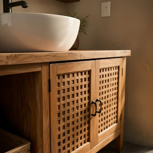 Solid-Wood Bathroom Vanity with Lattice Doors for Japandi Bathrooms