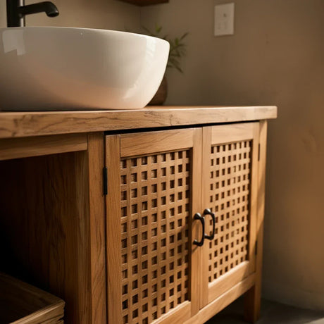 Solid-Wood Bathroom Vanity with Lattice Doors for Japandi Bathrooms