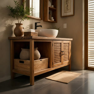 Solid-Wood Bathroom Vanity with Lattice Doors for Japandi Bathrooms