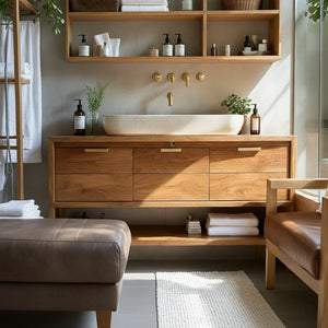 Solid Wood Bathroom Vanity with Drawers and Open Shelf for Spa Style