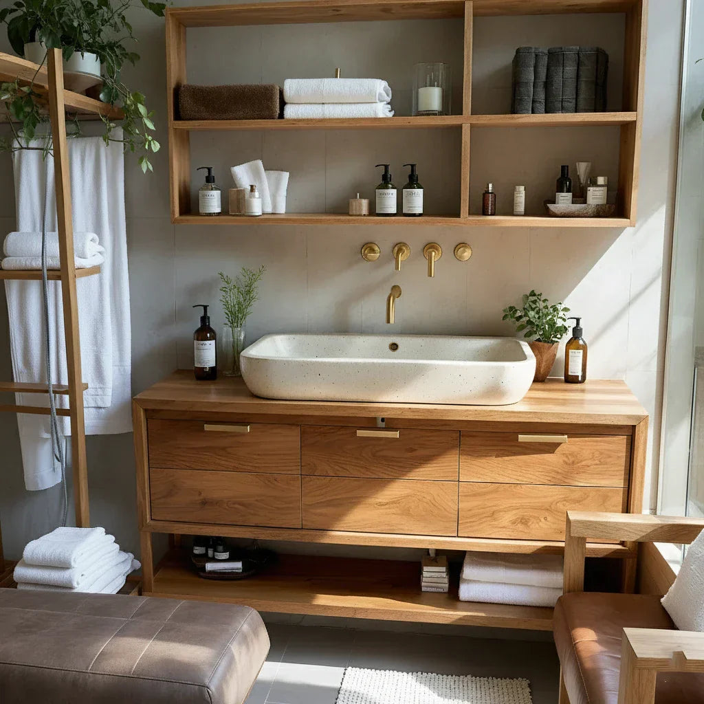 Solid Wood Bathroom Vanity with Drawers and Open Shelf for Spa Style