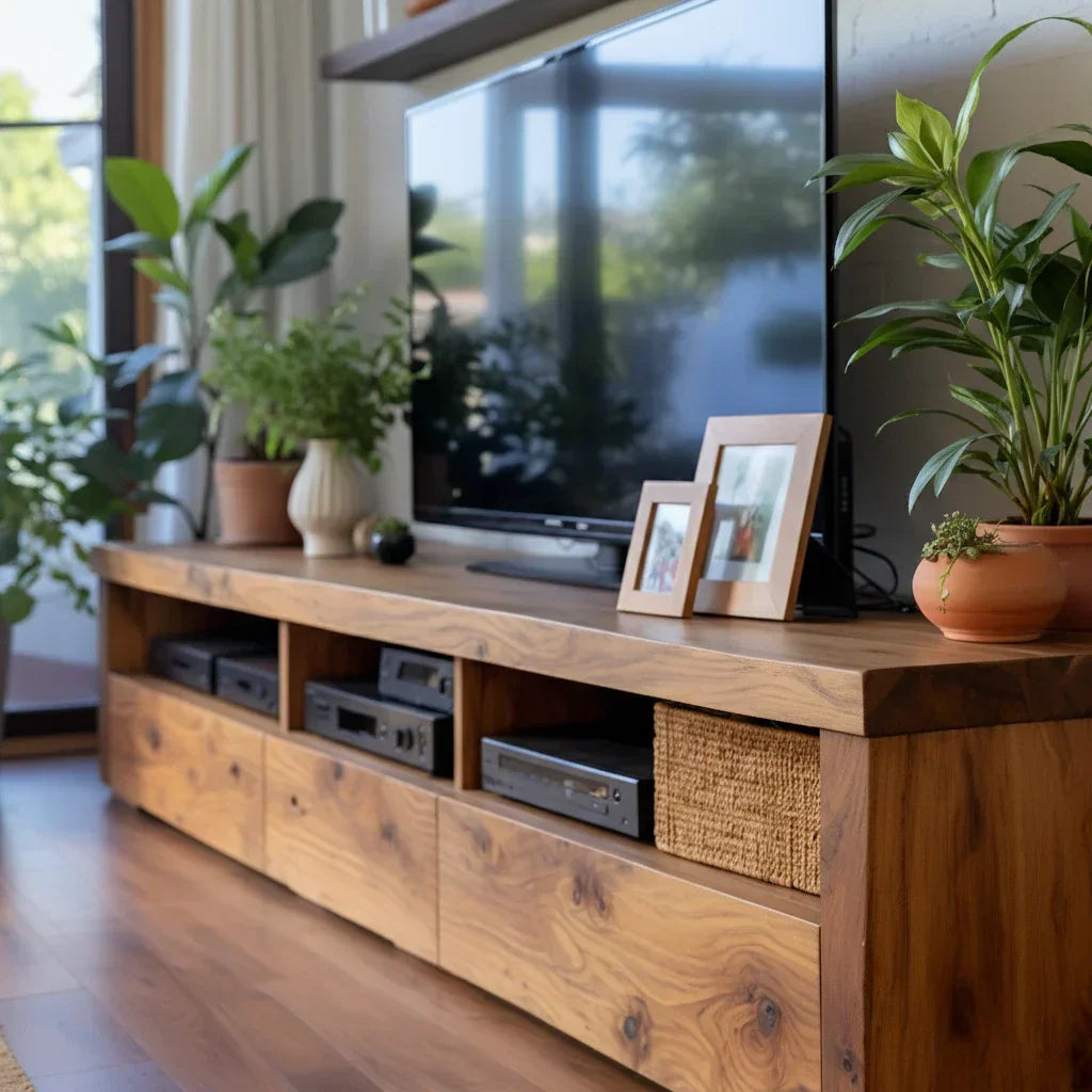 Wood Media Console with Bold-Grain Drawers and Open Media Bays