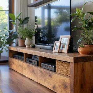 Wood Media Console with Bold-Grain Drawers and Open Media Bays