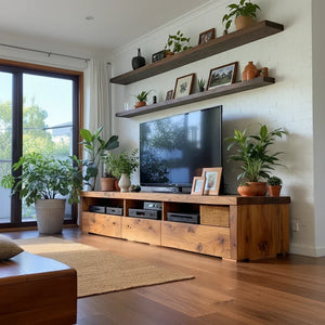 Wood Media Console with Bold-Grain Drawers and Open Media Bays