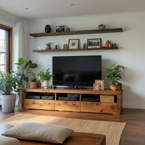 Wood Media Console with Bold-Grain Drawers and Open Media Bays