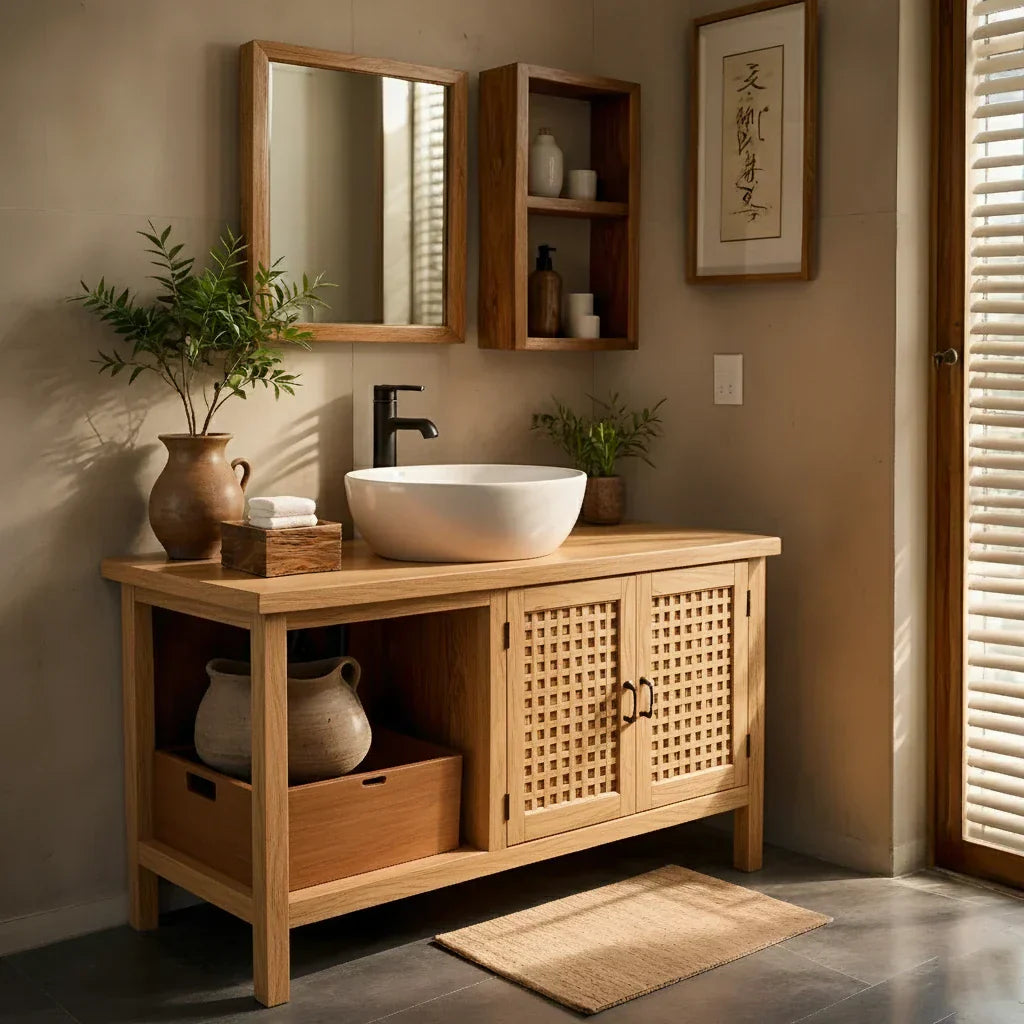 Solid-Wood Bathroom Vanity with Lattice Doors for Japandi Bathrooms