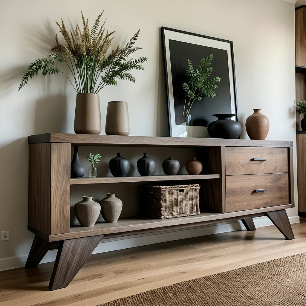 Solid Wood Sideboard with Open Shelves and Storage Drawers